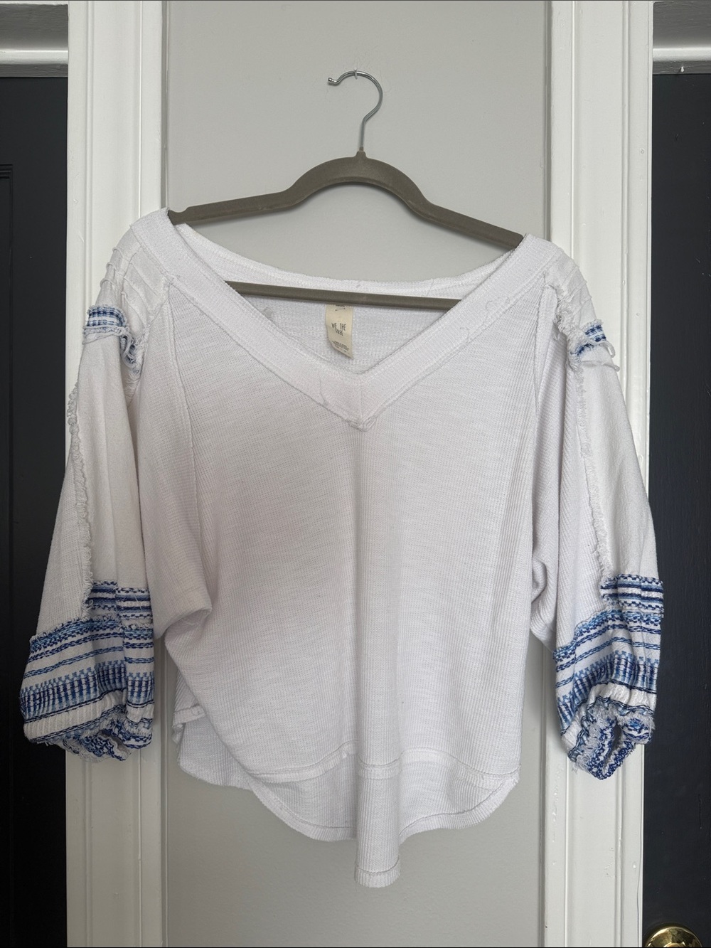 We The Free White V-Neck Tunic with Blue Sleeve Embroidery